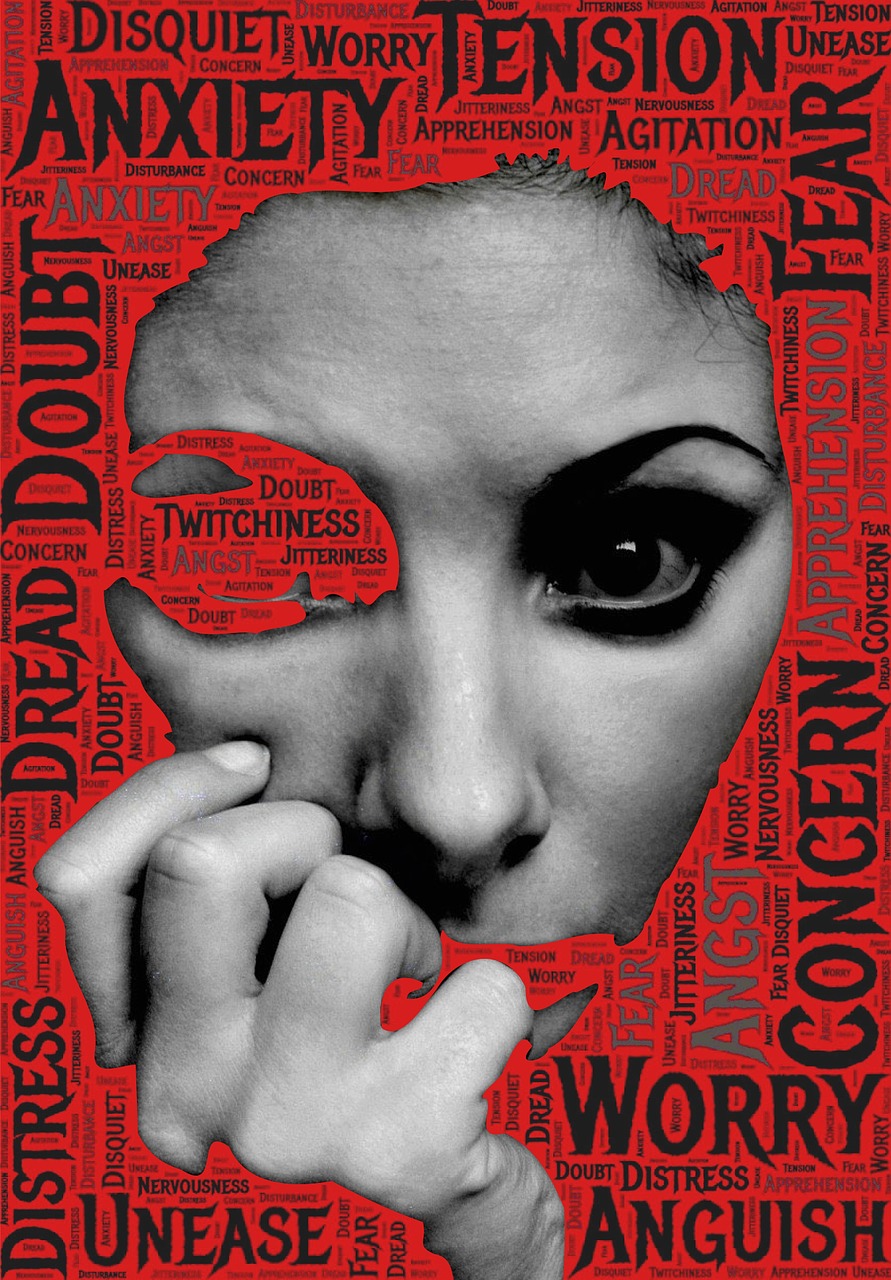 image showing face of woman surrounded by words describing anxiety like tension fear and worry Colorado TMS