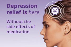 photo of woman and text saying depression relief without side effects of medication Colorado TMS