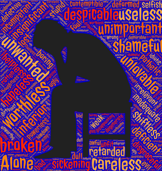 image of person sitting with head in hands with self hate words surrounding him Colorado TMS